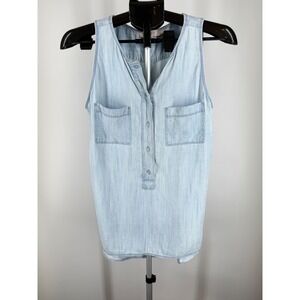 LOFT Women Blue Lyocell Chambray Sleeveless Henley Tunic Blouse Light Wash M